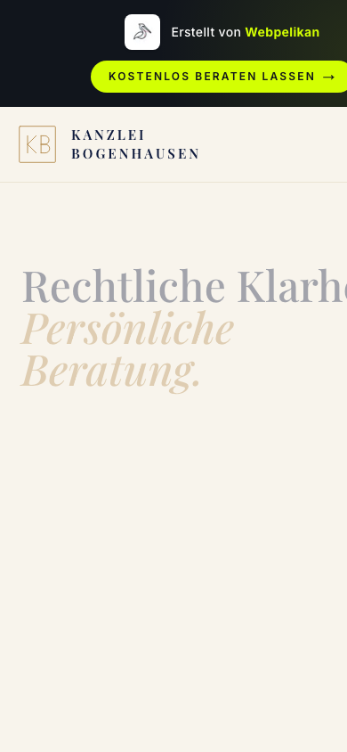 Mobile Ansicht des Kanzlei-Entwurfs — Tap-to-Call und Rechtsgebiete-Karten