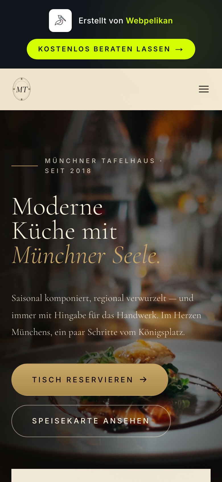 Mobile Ansicht des Restaurant-Entwurfs — Speisekarte und Sticky-Reservierungs-Button