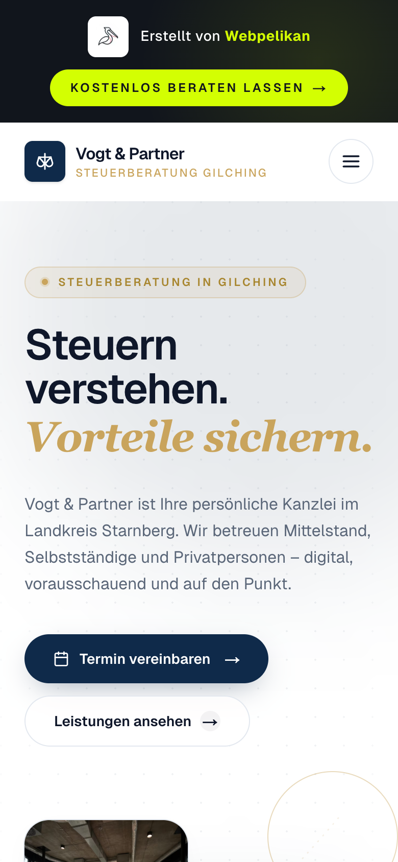 Mobile Ansicht des Steuerkanzlei-Entwurfs — Branchenschwerpunkte und Onboarding-Schritte