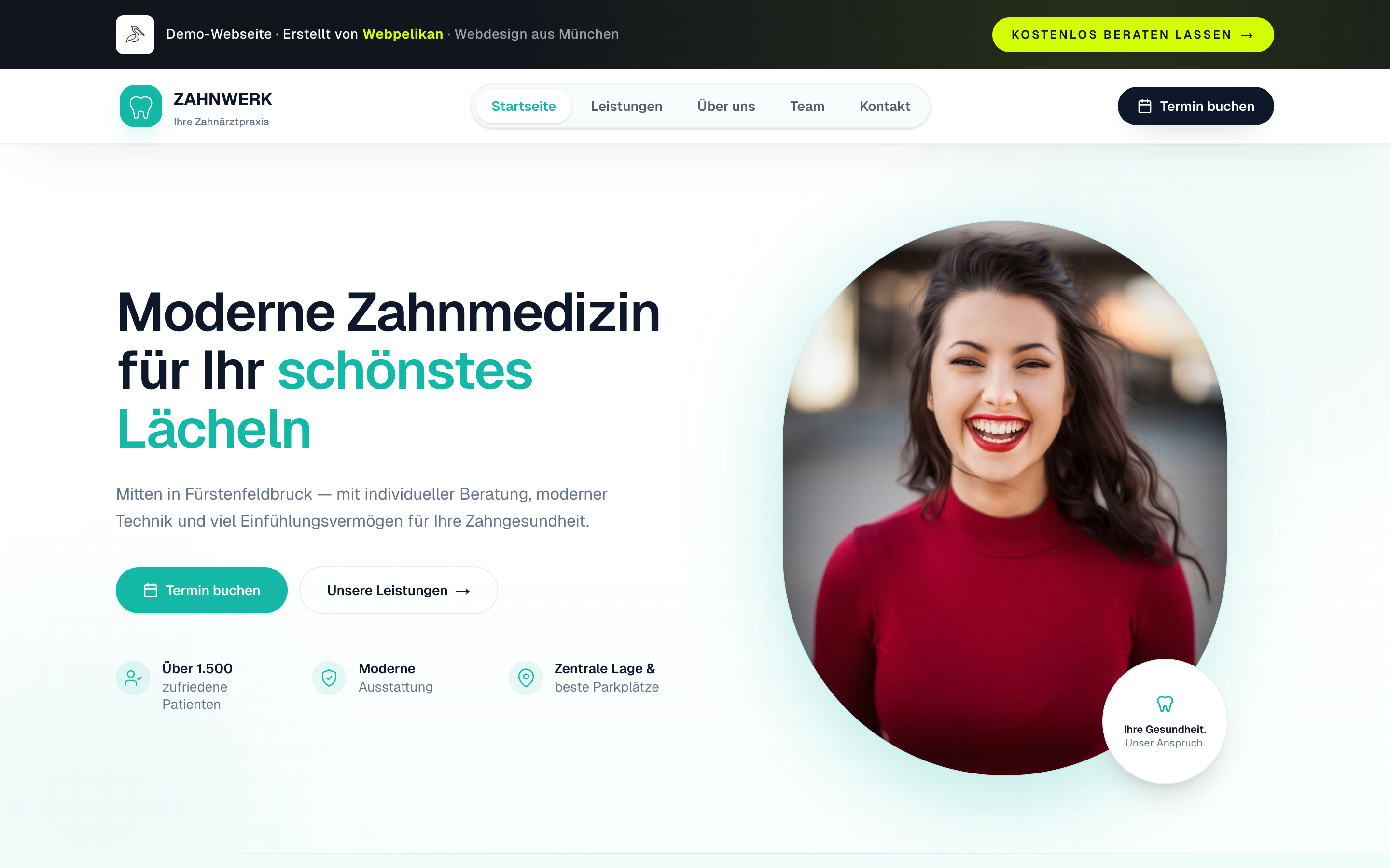 Zahnarztpraxis-Entwurf — Hero mit Termin-CTA und Behandlungsschwerpunkten