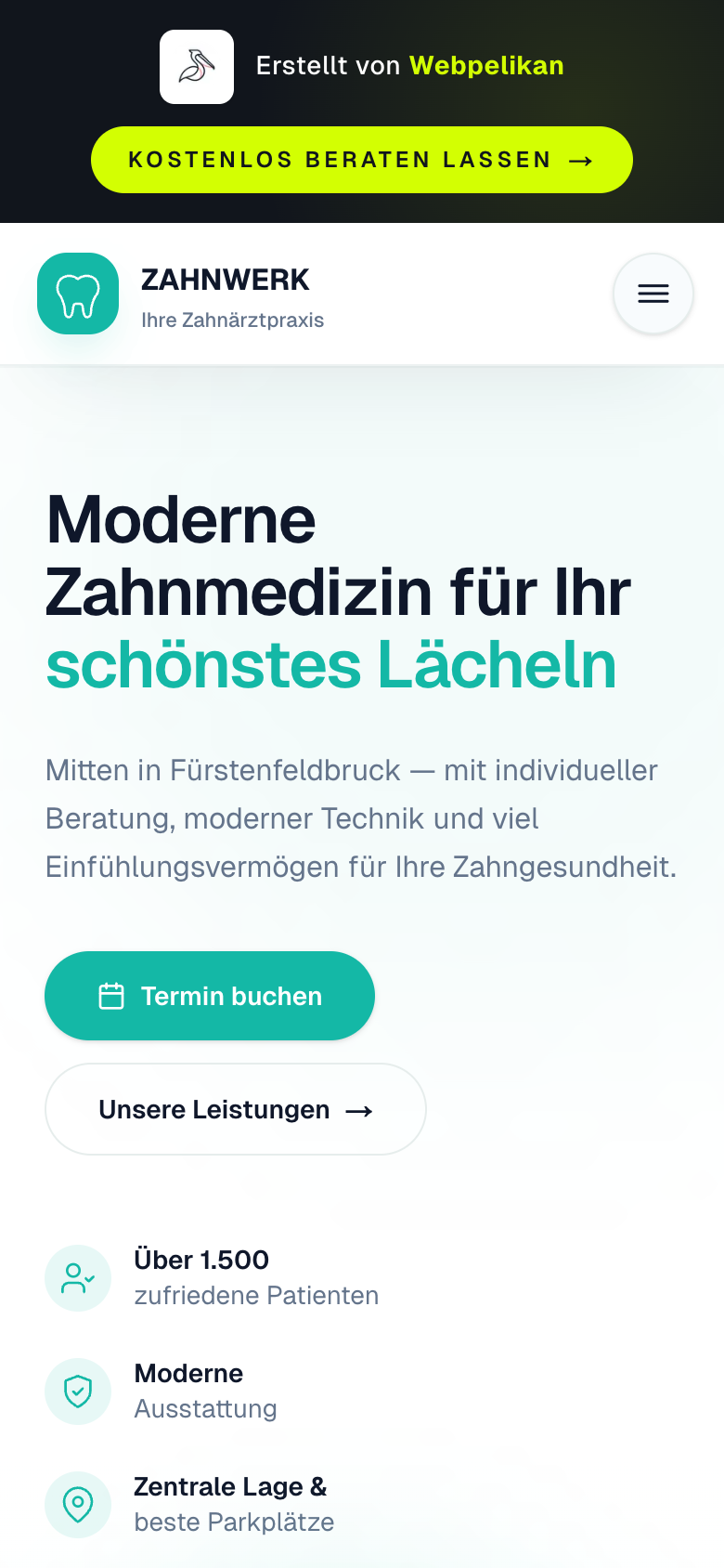 Mobile Ansicht des Zahnarzt-Entwurfs — Sprechzeiten und Tap-to-Call